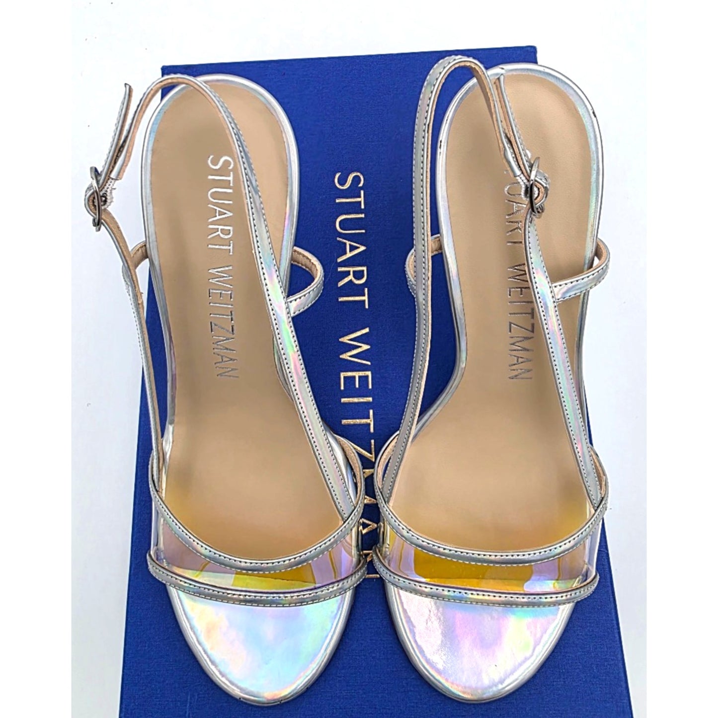Stuart weitzman mondrian 100 sandal heels silver / aurora size 8