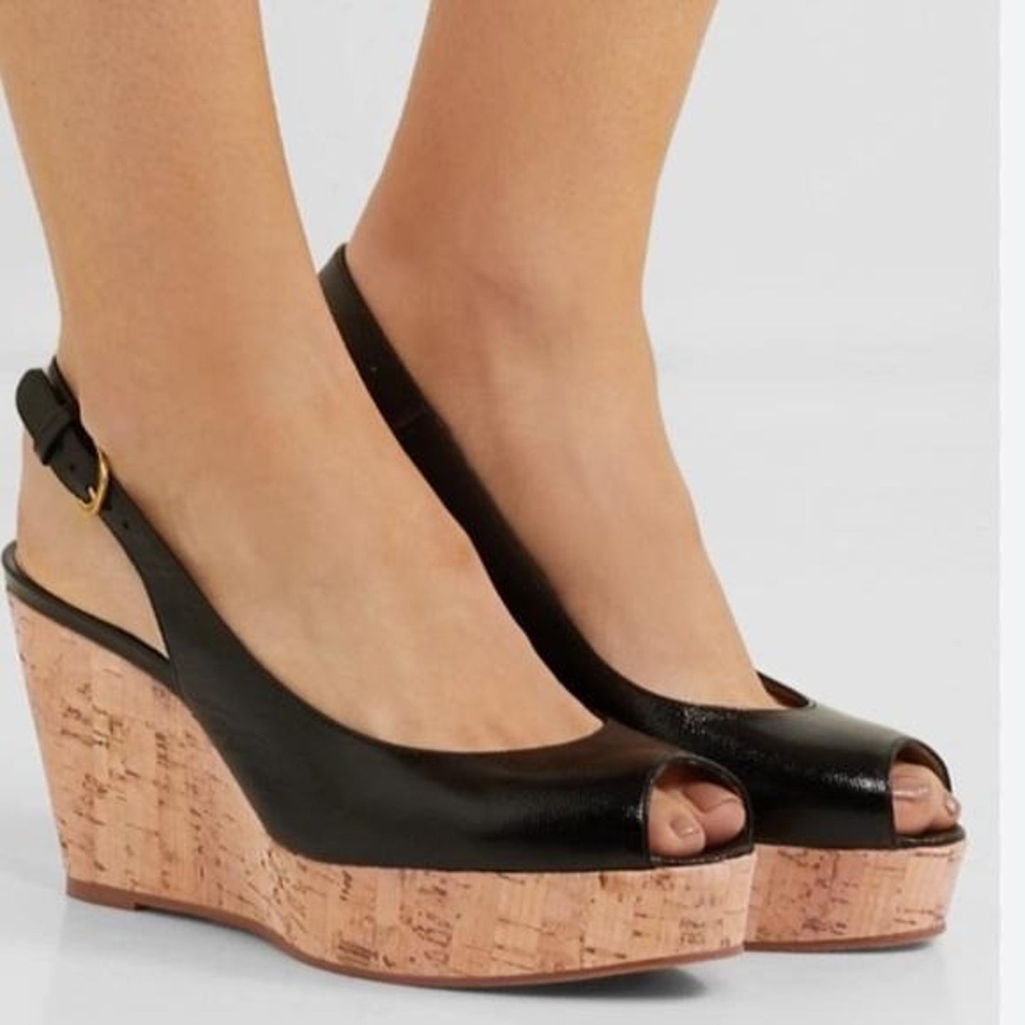 Stuart Weitzman Riviera Black Patent Cork Peep Toe Slingback Wedge 8 B