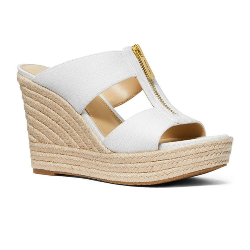 MICHAEL KORS Bradley Linen Blend Small Canvas Wedge Sandal Women White Size 10 M