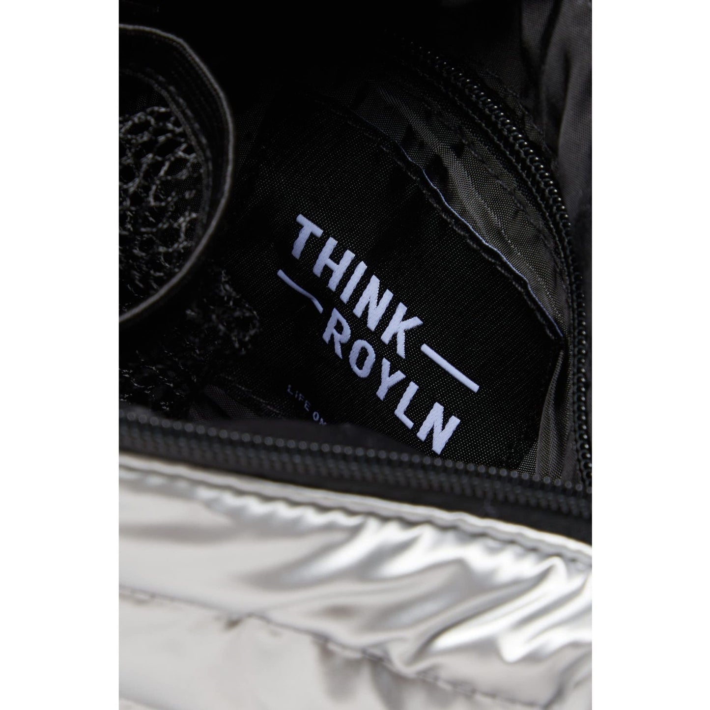 THINK ROYLN Rolyn Tiny Dancer Small Silver Liquid Bag W/ Black Hardware NWT