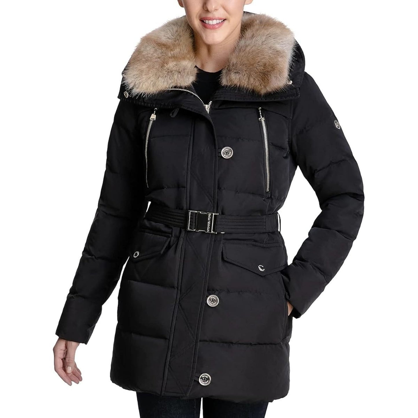 MICHAEL Michael Kors Faux Fur Collar Down Puffer Coat Gold Buttons MEDIUM