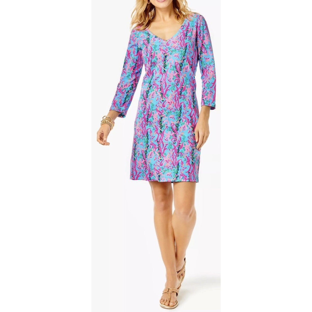 Lilly Pulitzer Tessa Multi Seaweed Samba Pima Knit V-Neck Shirt Dress Medium
