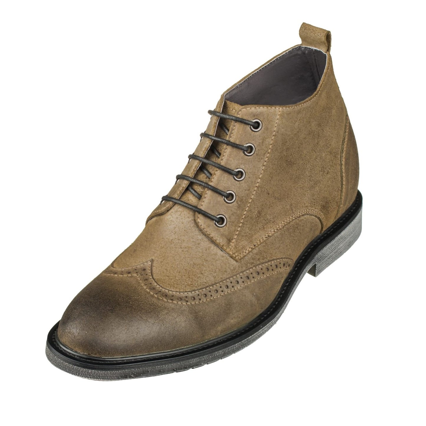 Men's Elevator Shoes Invisible Height Increas 3" Taller Wing-tip Khaki Suede 9M