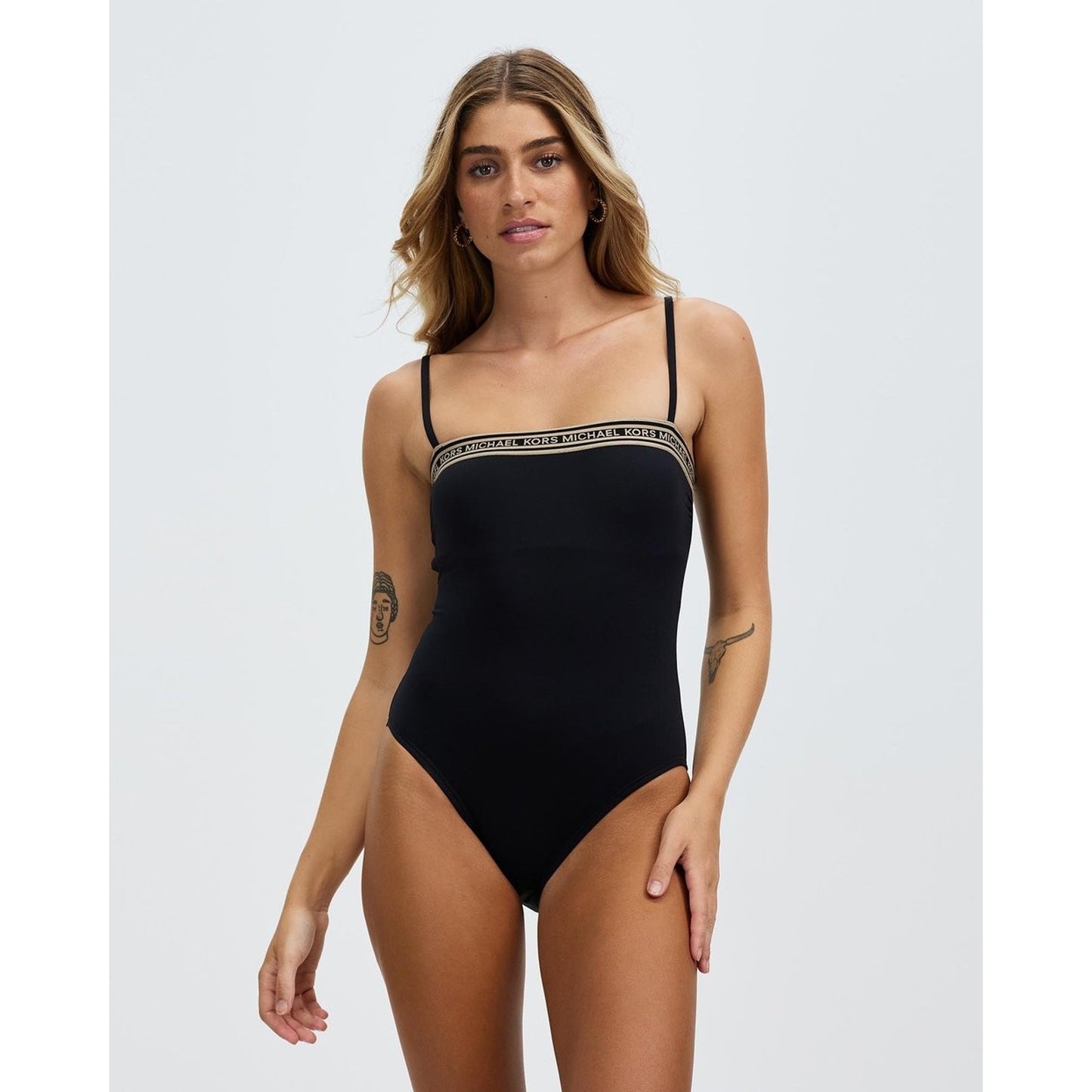 Michael Kors Logo Elastic Solids Square Neck One-Piece Black Size 8