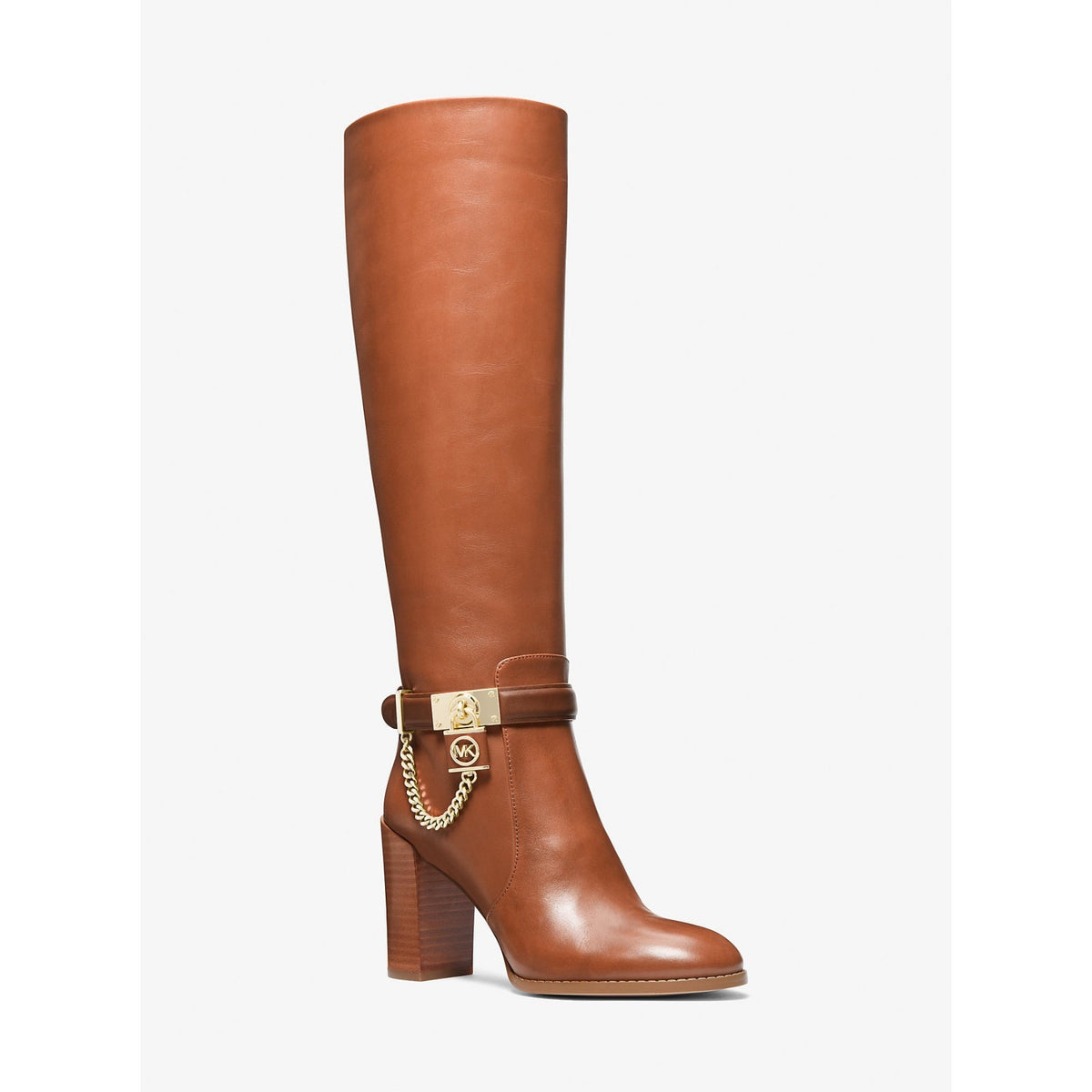 MICHAEL Michael Kors HAMILTON Embellished Leather Boot Heel Shoe Luggage 8 M