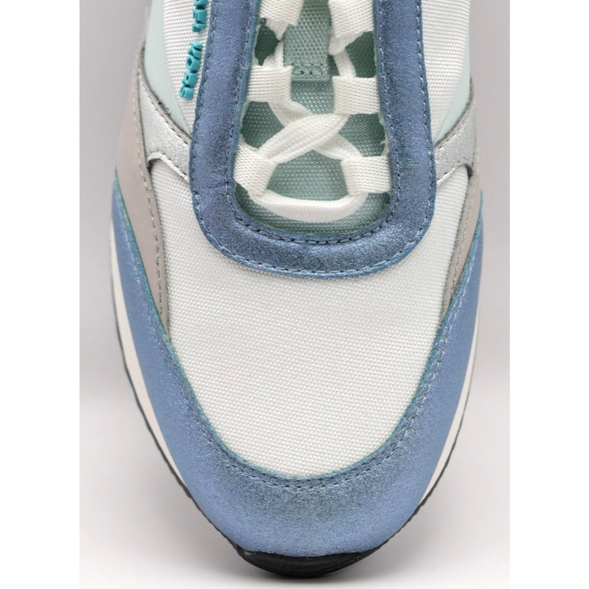 New MK MICHAEL KORS Allie Stride Trainer Lace-Up Sneakers Silver White Blue Sz 7