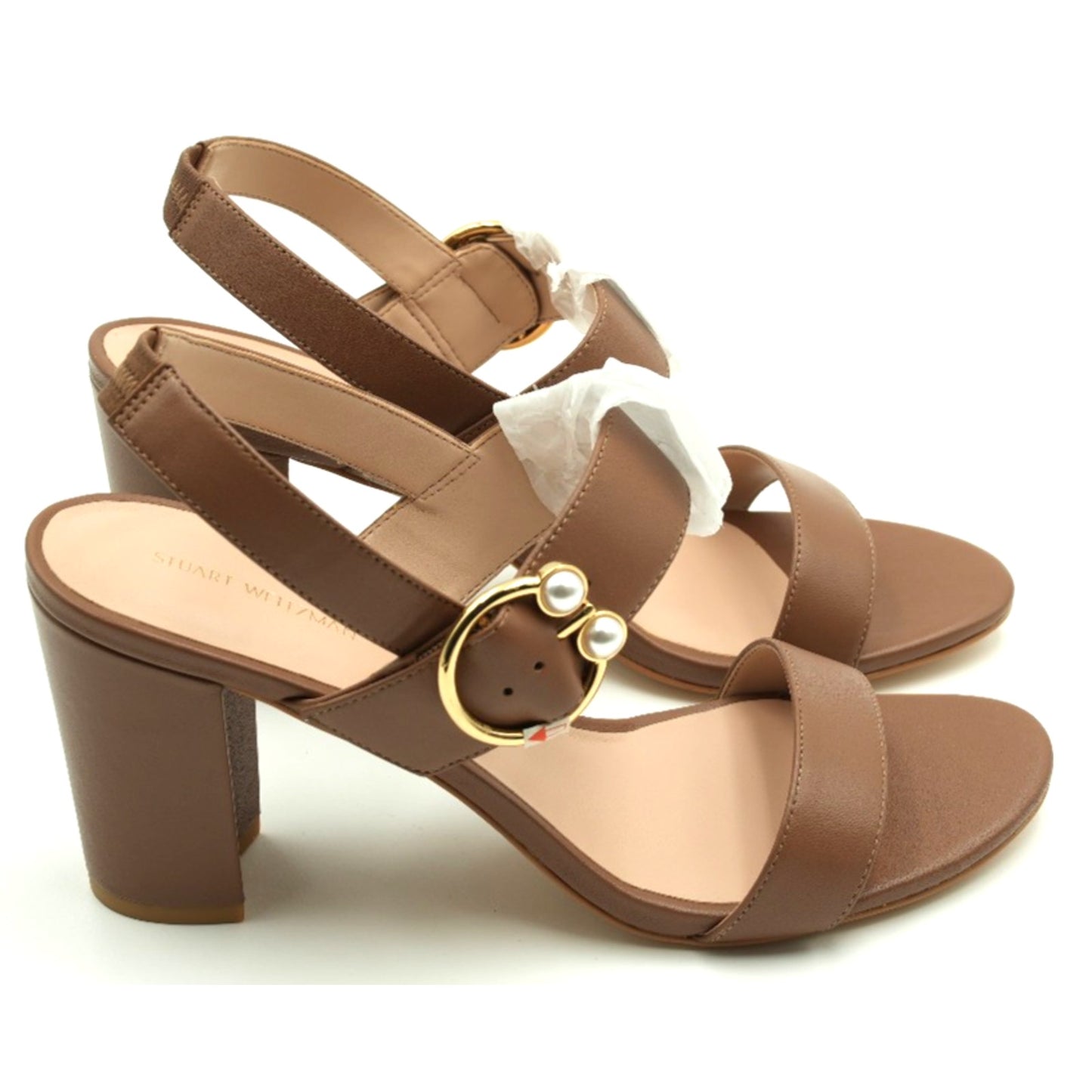 Stuart Weitzman Women's Sandal Pearlring Block 75 leather Camel size 9.5