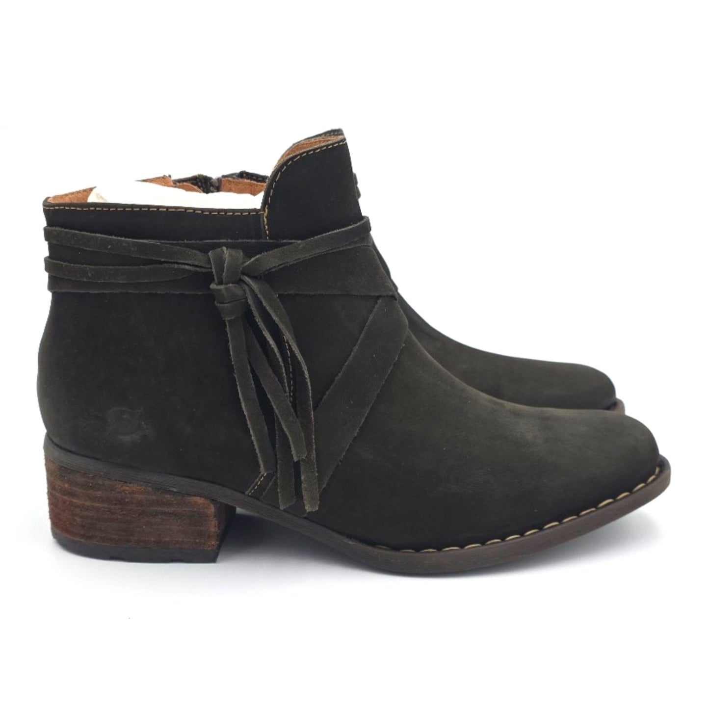 Born Montilla Womens 11 M Green Nubuck Leather Ankle Booties Tassel Strap Zip