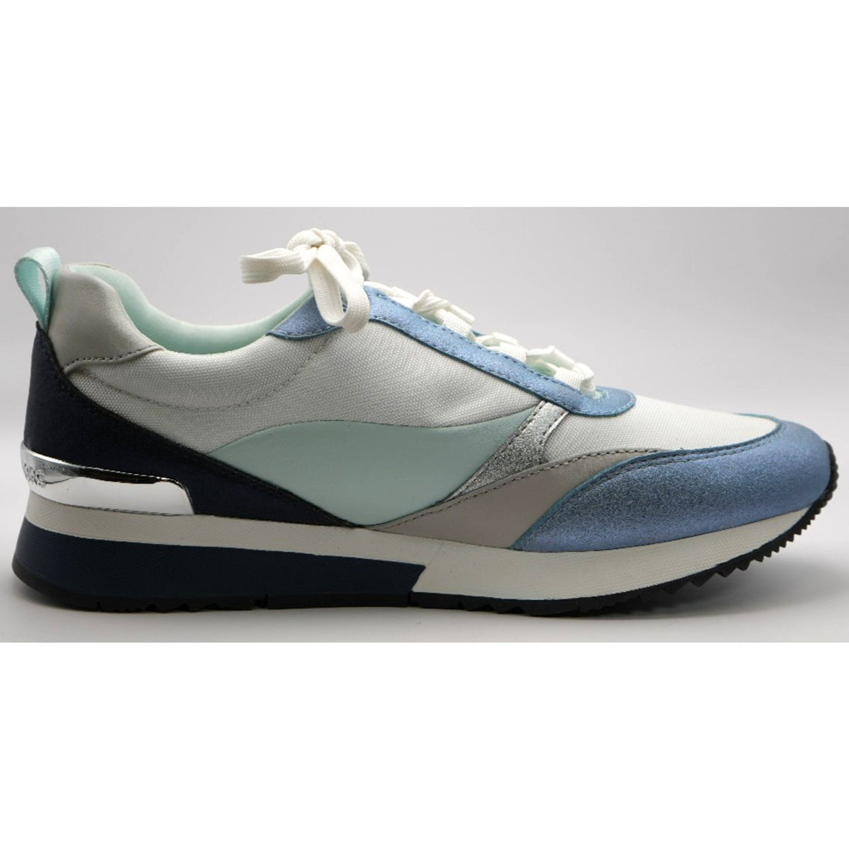 New MK MICHAEL KORS Allie Stride Trainer Lace-Up Sneakers Silver White Blue Sz 7