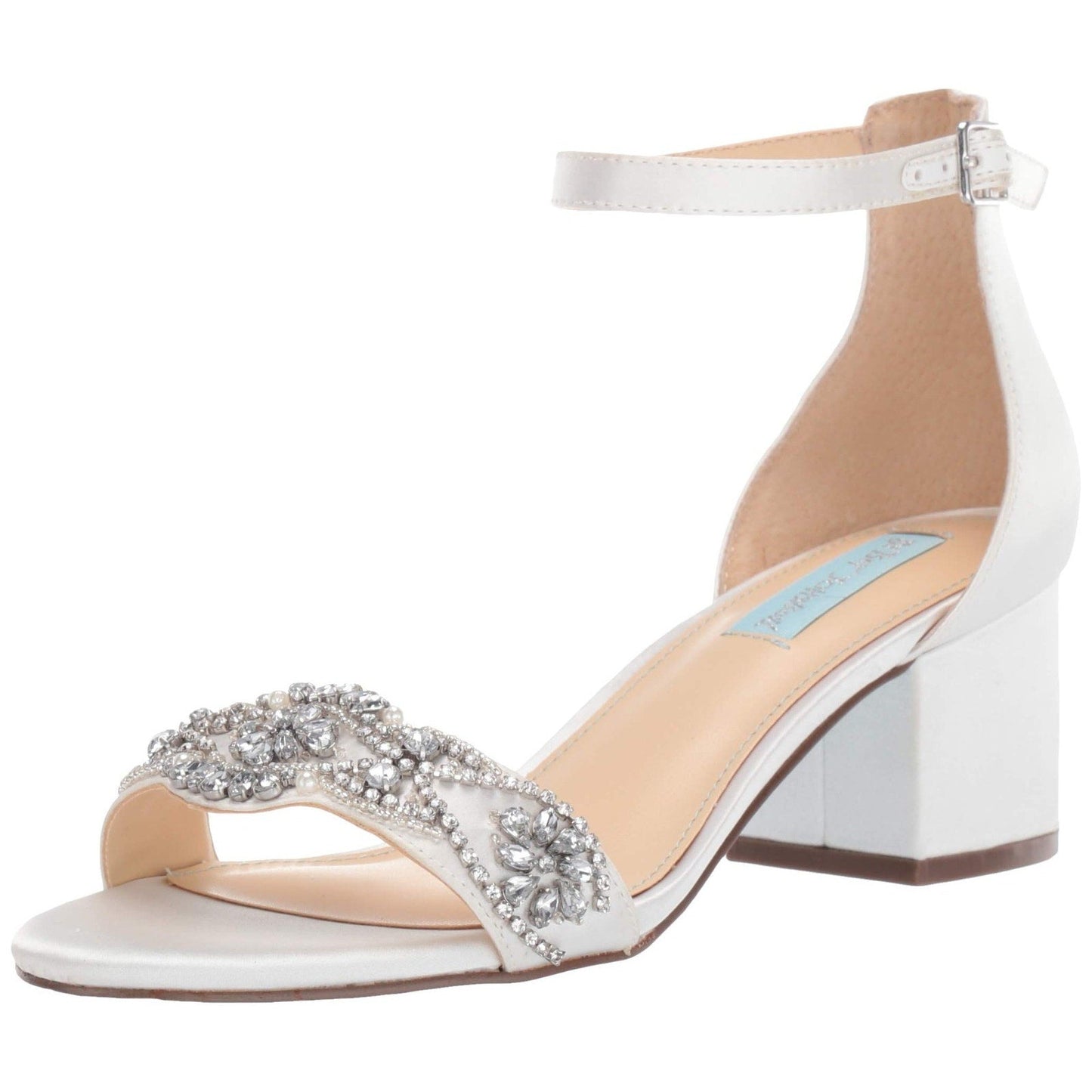 Betsey Johnson SB-Mel Block Heel Jeweled Satin Sandal Ivory Women 9M Betsey Johnson