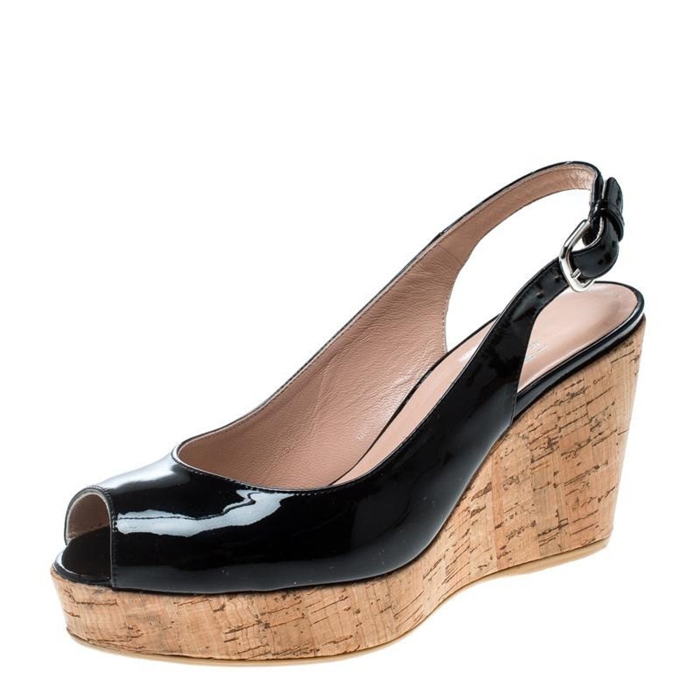 Stuart Weitzman Riviera Black Patent Cork Peep Toe Slingback Wedge 8 B