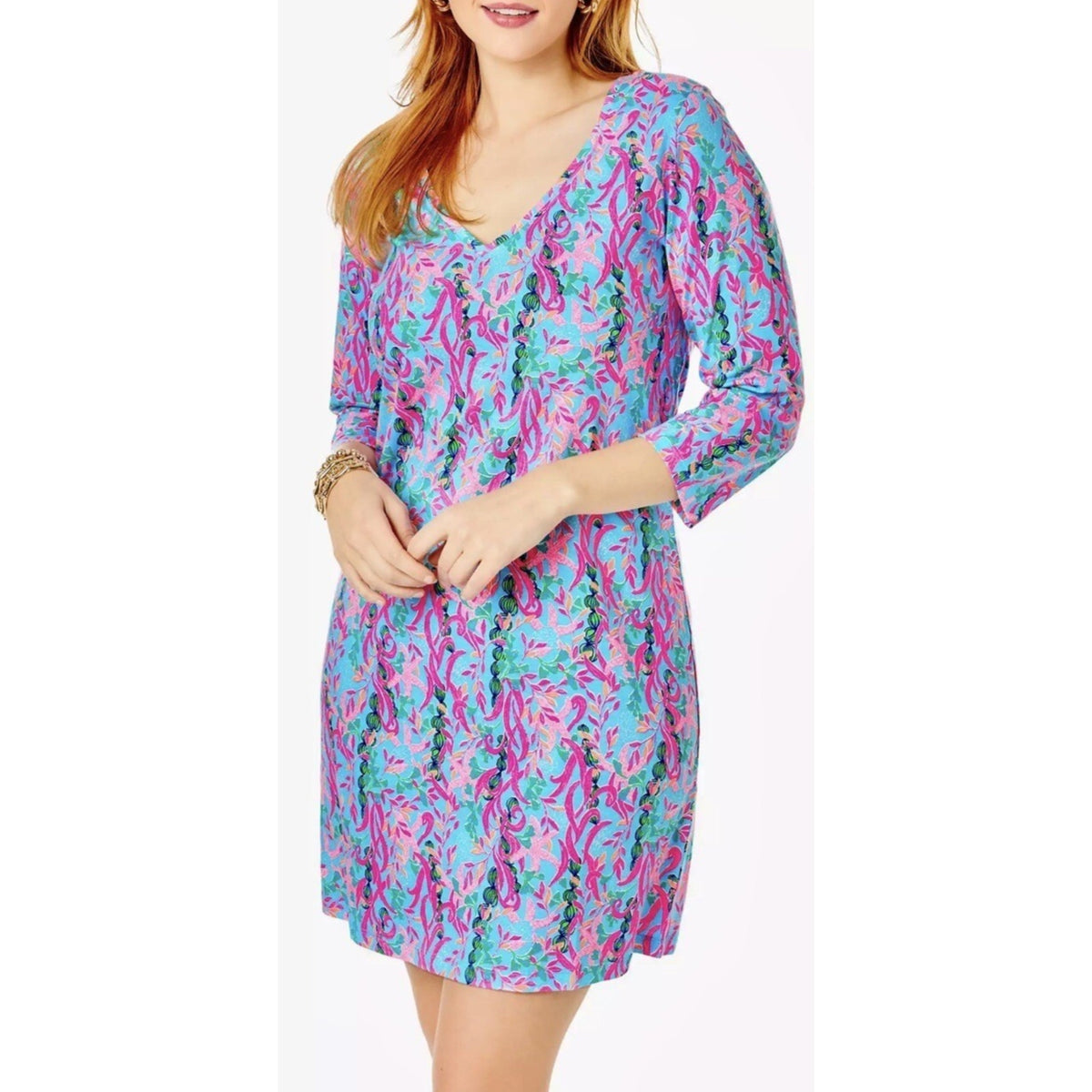 Lilly Pulitzer Tessa Multi Seaweed Samba Pima Knit V-Neck Shirt Dress Medium