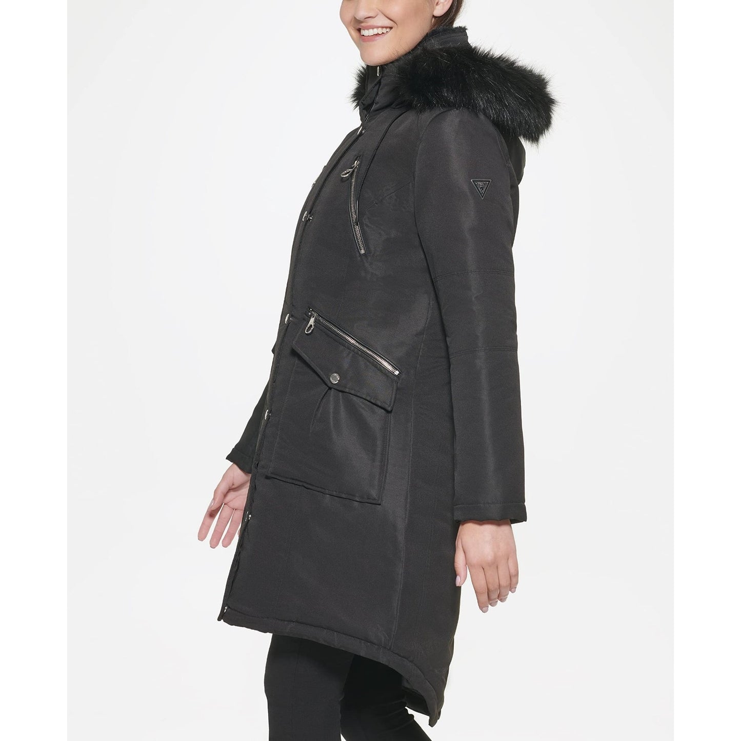 Guess Puffer Parka Jacket Black Removable Faux Fur Trim Hooded Coat Winter XL