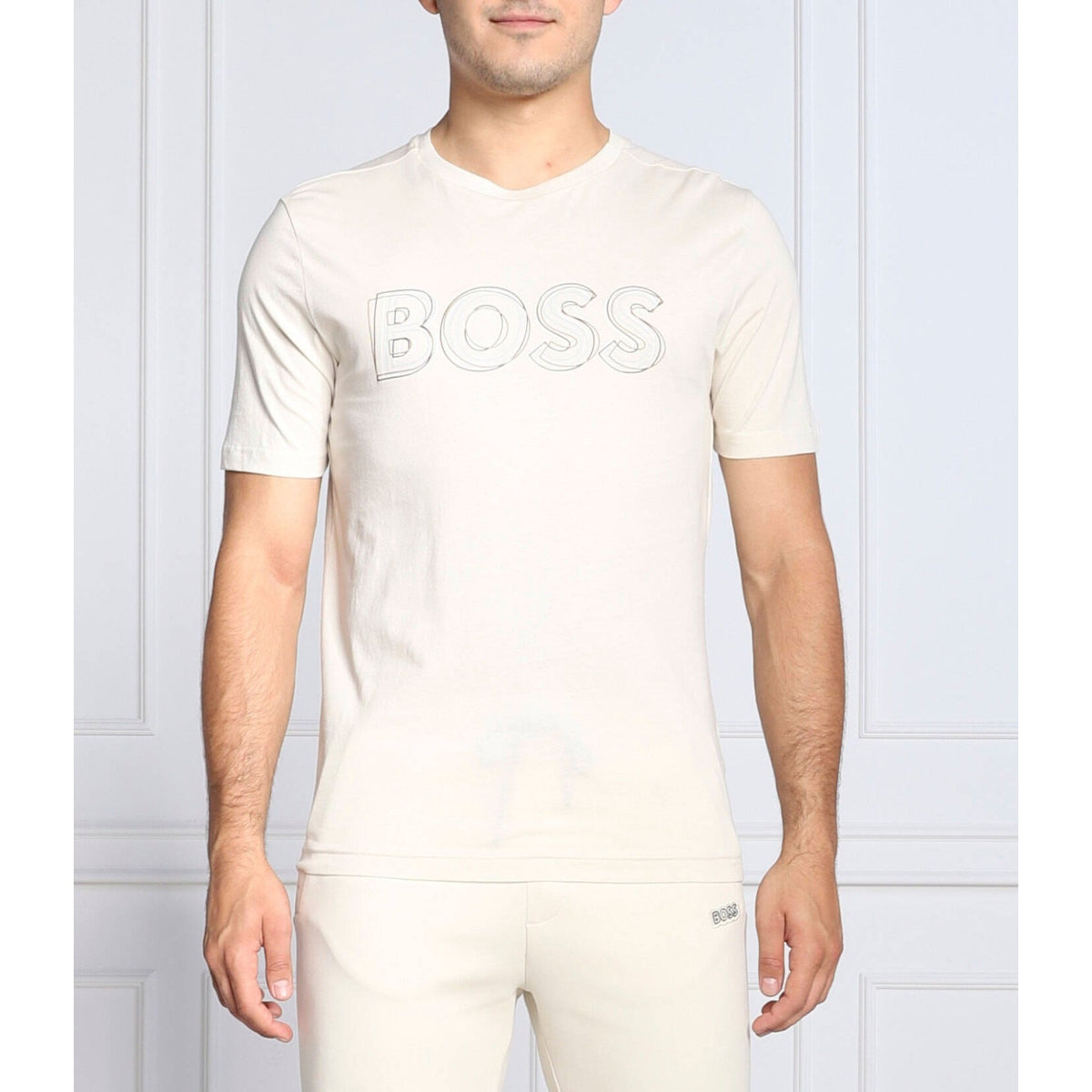 BOSS Men's Scribble Logo Jersey Cotton T-Shirt, Oat Milk, Medium