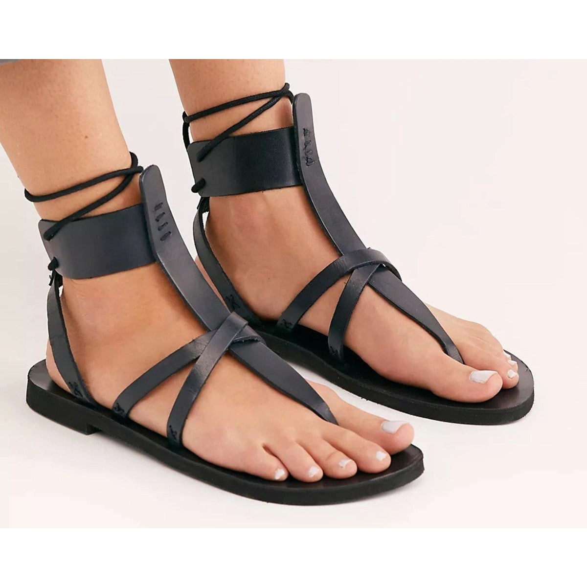 Free People Vacation Day Wrap Sandal Black Leather Size 39.5 EU/US 9 M
