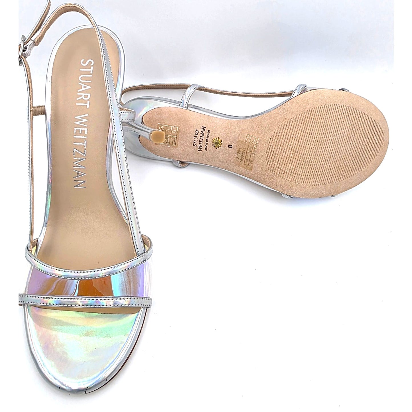Stuart weitzman mondrian 100 sandal heels silver / aurora size 8