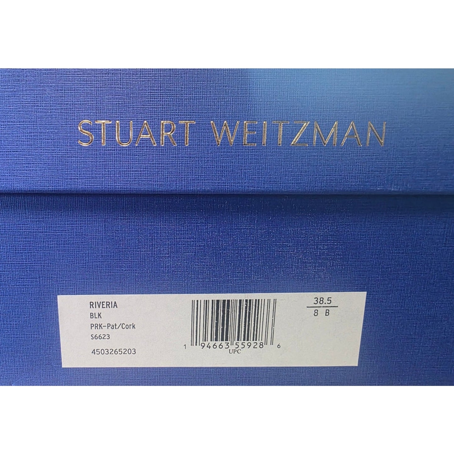 Stuart Weitzman Riviera Black Patent Cork Peep Toe Slingback Wedge 8 B