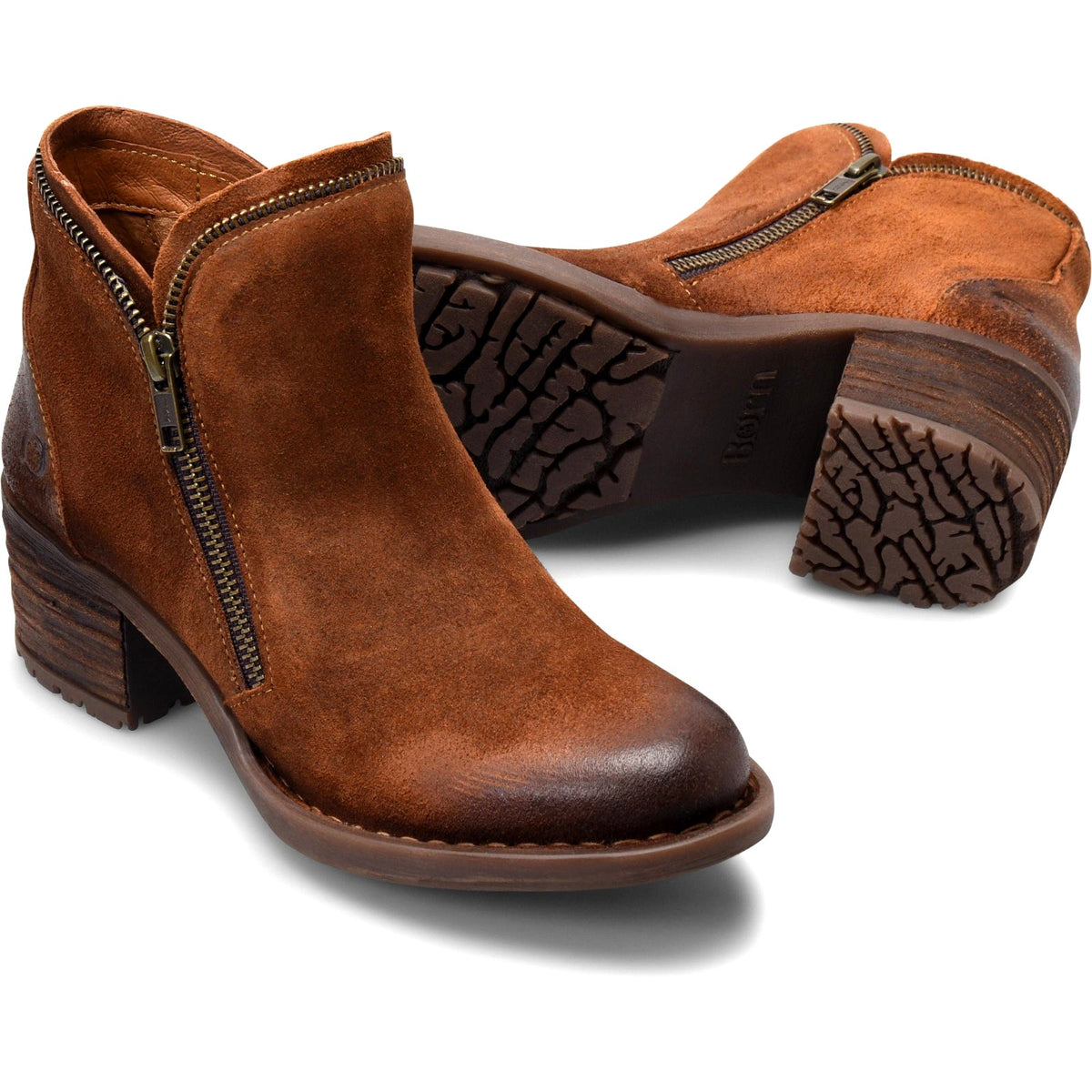 Born Montoro II Zip Women's Stacked Heel Bootie Distressed Suede Brown Size 8