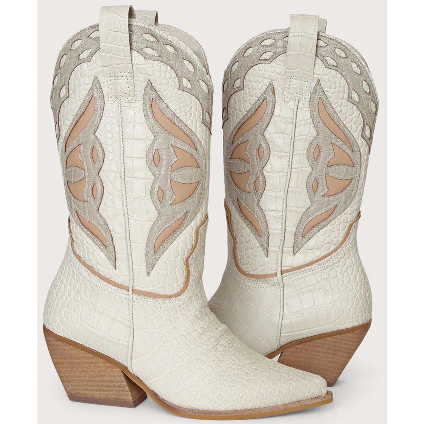 Steve Madden Wynter Cowboy Boots Bone Multi Croc Embossed Used Womens 5.5 M