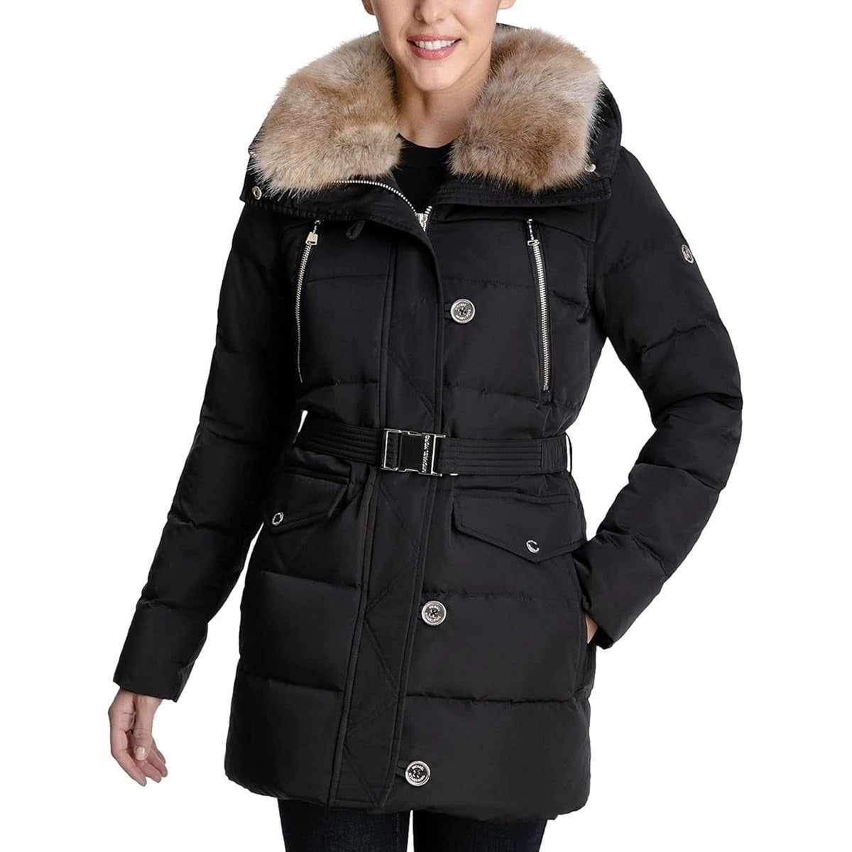 MICHAEL Michael Kors Faux Fur Collar Down Puffer Coat Gold Buttons MEDIUM